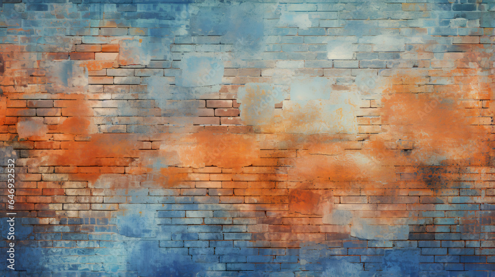 Brick wall is painted orange and blue with grungy background
