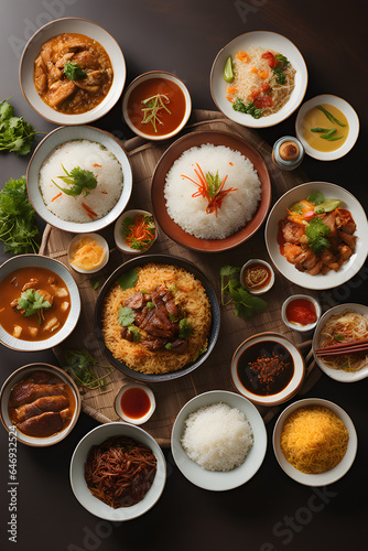 Traditional Asian Rice Plate with Colorful and Flavorful Dishes