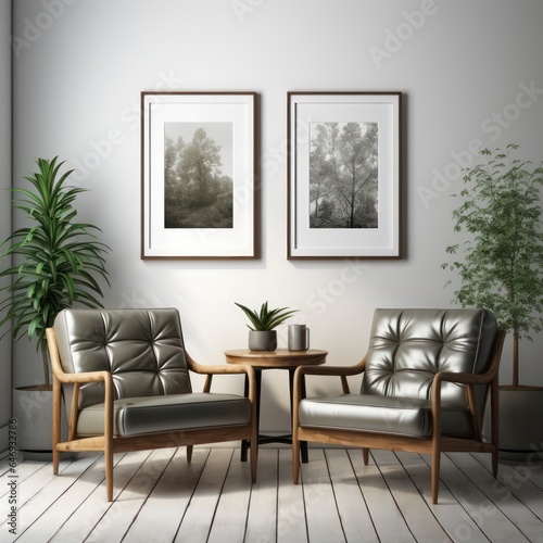 Two leather arm chairs in stylish living room setting