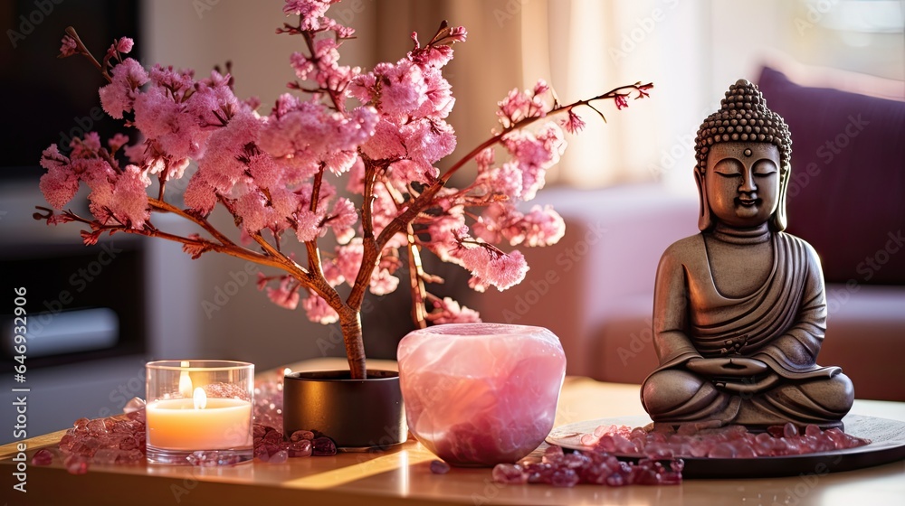 Hygge home decor with autumn vibes: Pink heather flowers, candlelight ...