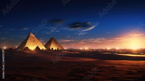 Pyramids of Giza illuminated by the moonlight and city lights in the background, casting a magical glow on these ancient wonders capture the timeless mystique of Egypt at night.