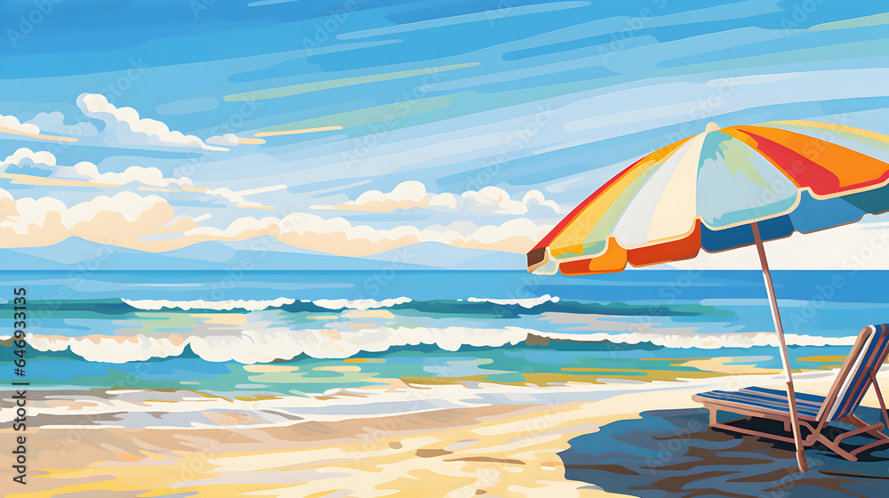 beach with umbrella and chairs illustration