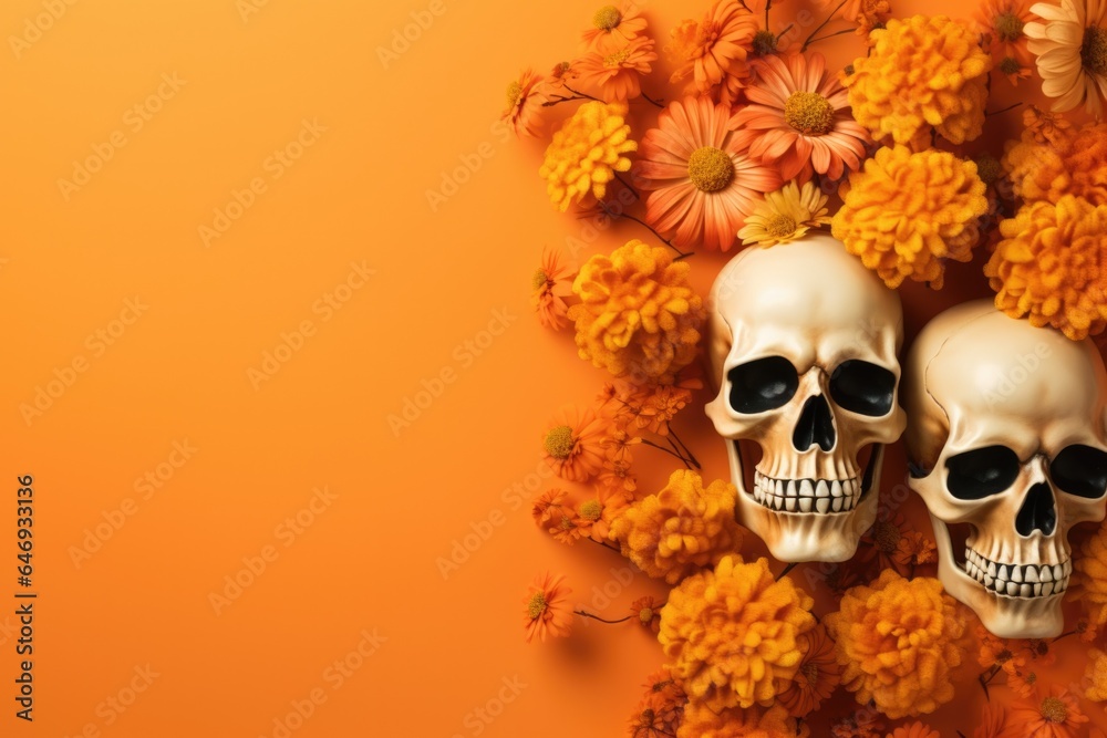 Happy Halloween holiday spooky scary background with decoration skull and flowers, Haloween event invitation poster card backdrop, trick or treat santa muerte fall party. Flat lay. Happy Halloween holiday spooky scary background with decoration skull and flowers, Haloween event invitation poster card backdrop, trick or treat santa muerte fall party. Flat lay.