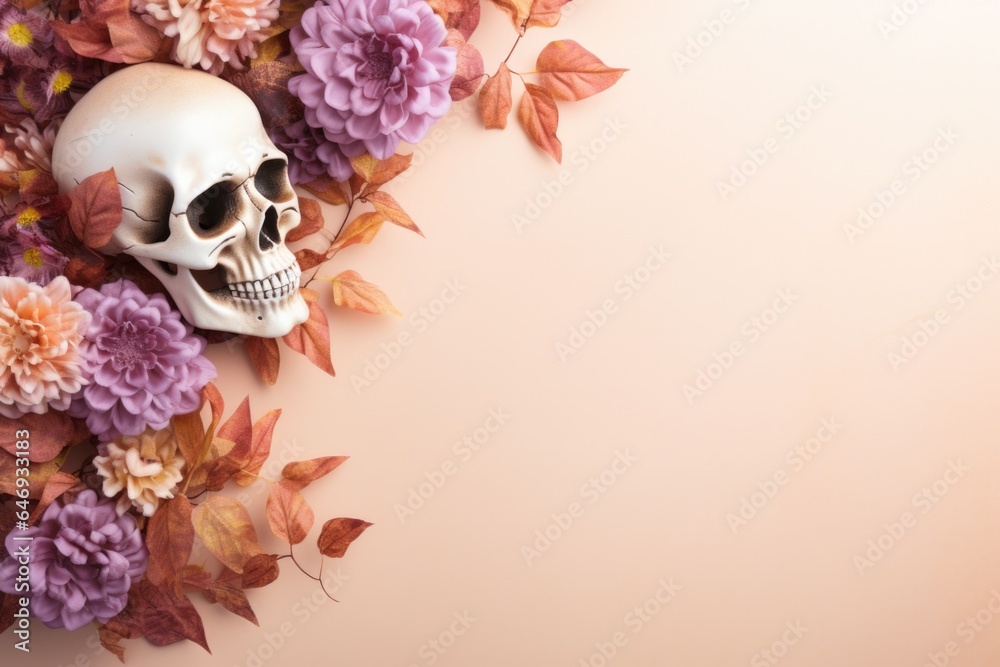 Happy Halloween holiday spooky scary background with decoration skull and flowers, Haloween event invitation poster card backdrop, trick or treat santa muerte fall party. Flat lay. Happy Halloween holiday spooky scary background with decoration skull and flowers, Haloween event invitation poster card backdrop, trick or treat santa muerte fall party. Flat lay.