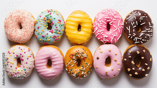 Multicolored donuts with different sprinkles isolated on white background