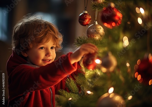 young child is picking up a decoration on the christmas tree