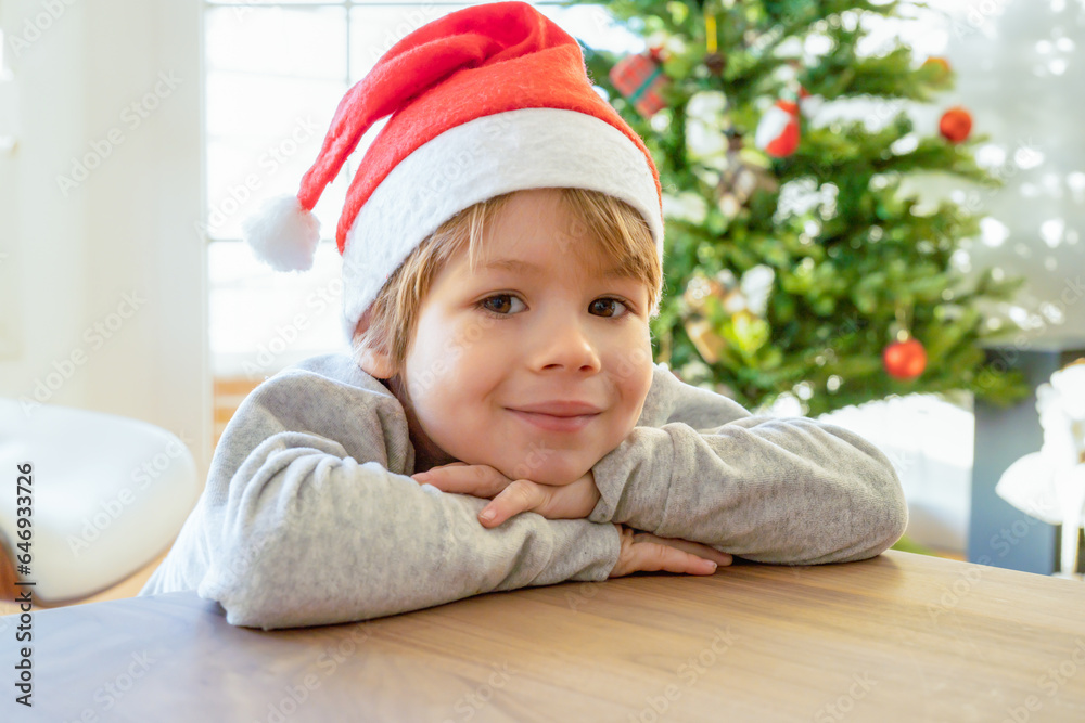 Portrait of cheerful boy smiling and laughing in camera next to Christmas tree at house. Families and children celebrating winter holidays Portrait of cheerful boy smiling and laughing in camera next to Christmas tree at house. Families and children celebrating winter holidays