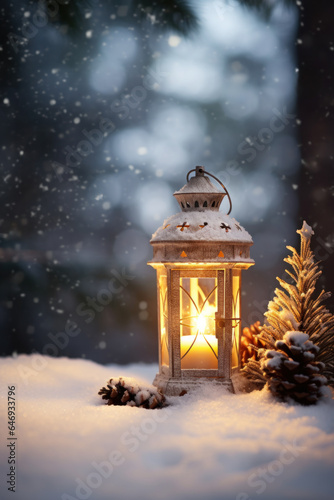 Old christmas candle lantern in snowfall against blurred forest background. Selective focus and shallow depth of field. © ekim