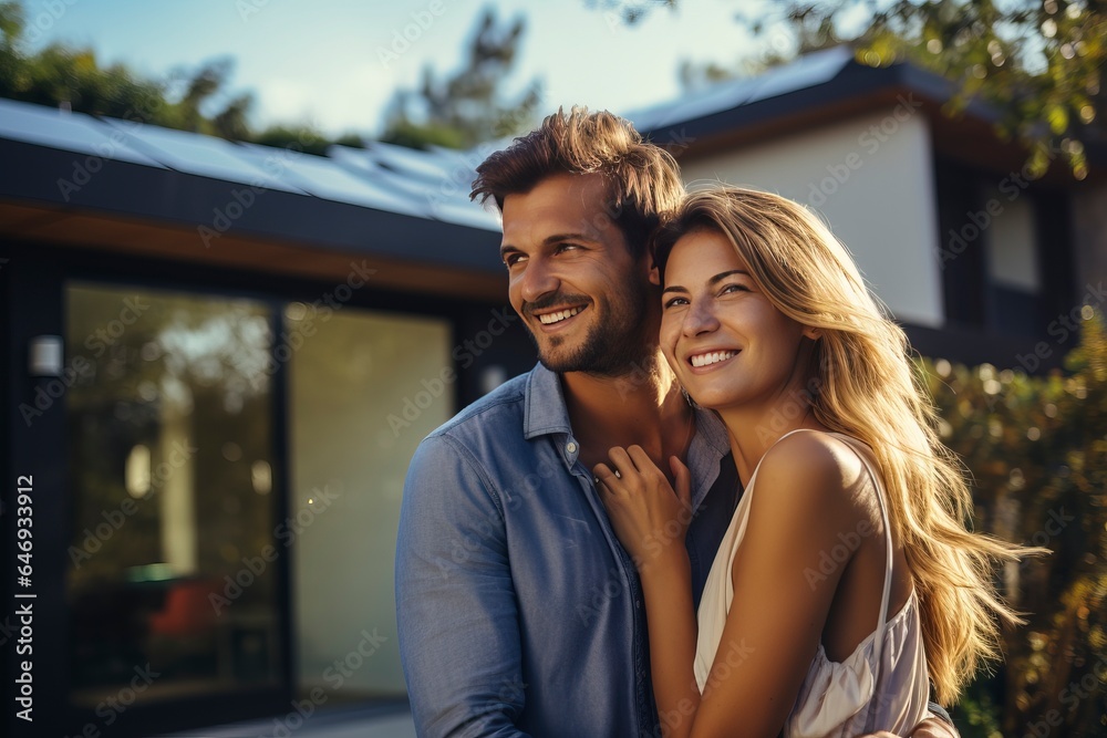 A happy young couple with their dream home in the background, symbolizing homeownership and the real estate market.'generative AI'	