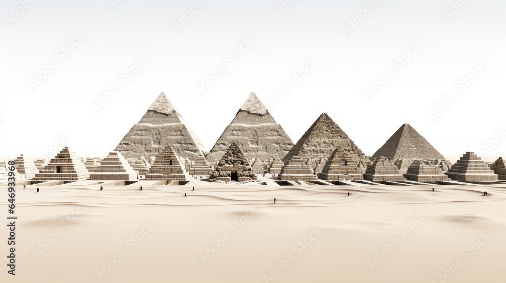 minimalist image of the Giza Pyramid complex with crisp, clean lines, symbolizing the timeless allure of these ancient structures against a pristine white background.