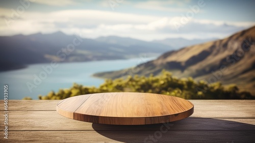 The empty wooden brown table top with blur background of New Zealand nature. Generative AI image AIG30. © Summit Art Creations