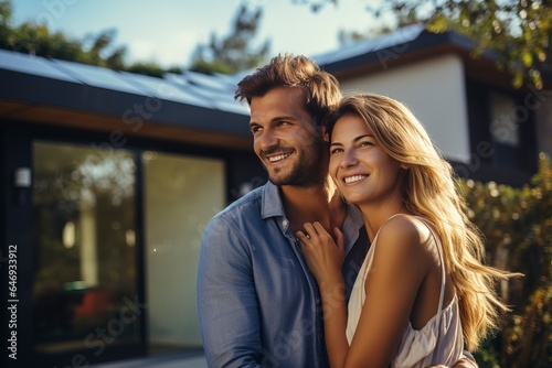 A happy young couple with their dream home in the background, symbolizing homeownership and the real estate market.'generative AI' 