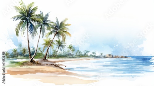 A serene tropical beach with lush palm trees