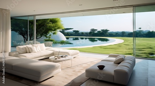 Modern grass house living room with swimming pool terrace, adorned with white furniture and large sliding doors that offer a view of nature.