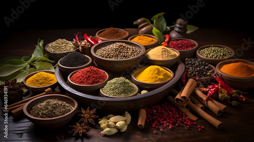 spices and herbs on wooden table