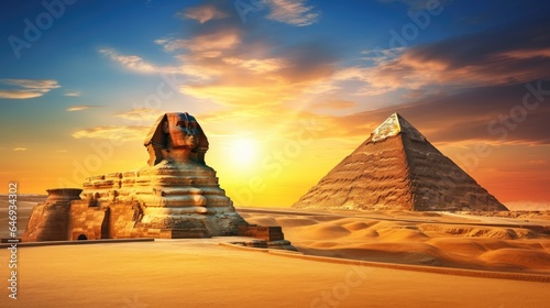 breathtaking image of the Great Sphinx of Giza bathed in the soft  golden light of the setting sun  with the majestic Great Pyramid of Giza as a backdrop.