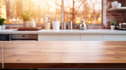 A rustic wooden table top in a cozy kitchen