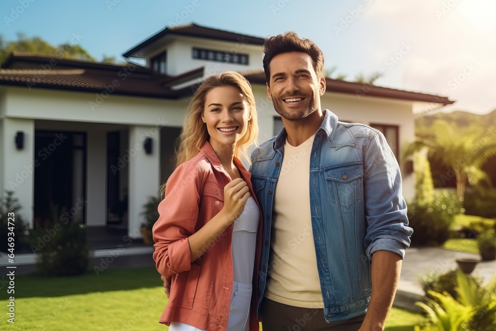 A happy young couple with their dream home in the background, symbolizing homeownership and the real estate market.'generative AI'
