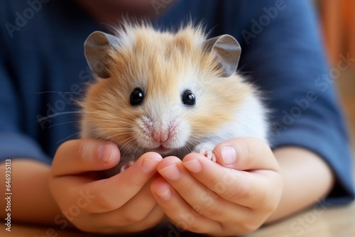 The child holds a hamster in his hands.
