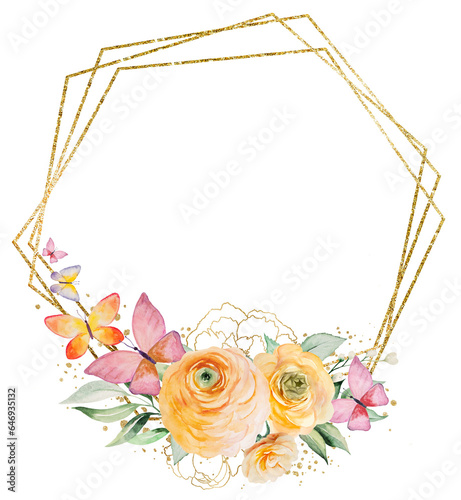 Frame with butterflies on orange and yellow watercolor flowers and green leaves  illustration