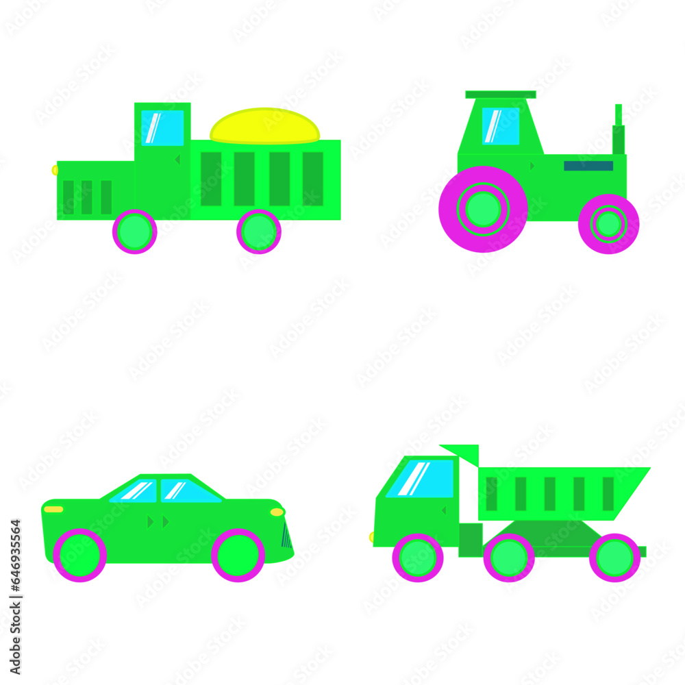Set of car icons in green color. Vector illustration