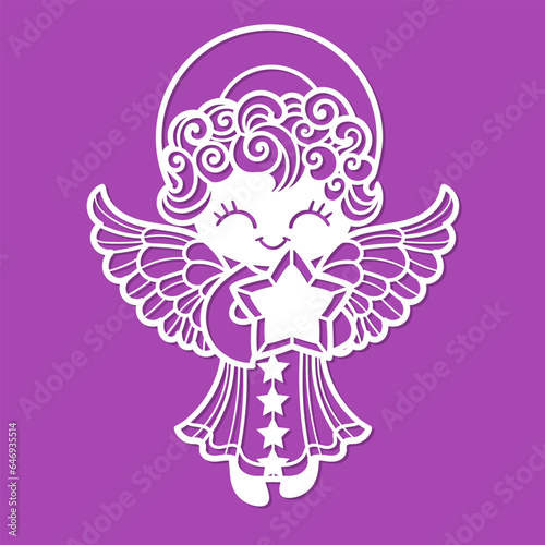 Cute little angel holding a star. Template for laser cutting from paper, wood, cardboard, metal. For the design of holiday decorations for Christmas, Easter, Valentine's Day. street toys, stencils, po