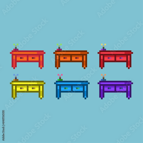 Pixel art sets of table with variation color items asset. simple table on pixelated style.8bits perfect for game asset or design asset element for your game design asset. photo