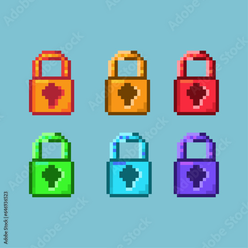 Pixel art sets of locked padlock with variation color items asset. simple padlock on pixelated style.8bits perfect for game asset or design asset element for your game design asset.