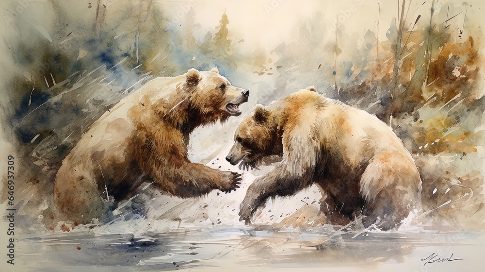 Watercolor painting of two brown or grizzly bears fighting.Generated with AI. - obrazy, fototapety, plakaty 