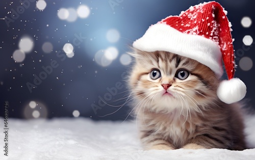Cute kitten in Santa hat over blurred snowy background with showflakes. Copy space.