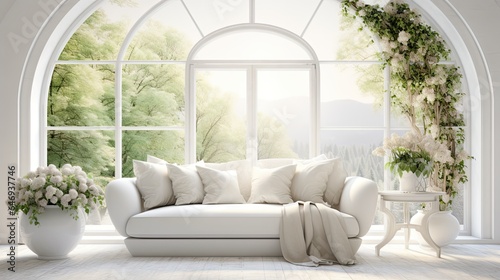 a chic white room with a sofa and a scenic green landscape visible through a window, designed in the Scandinavian style.