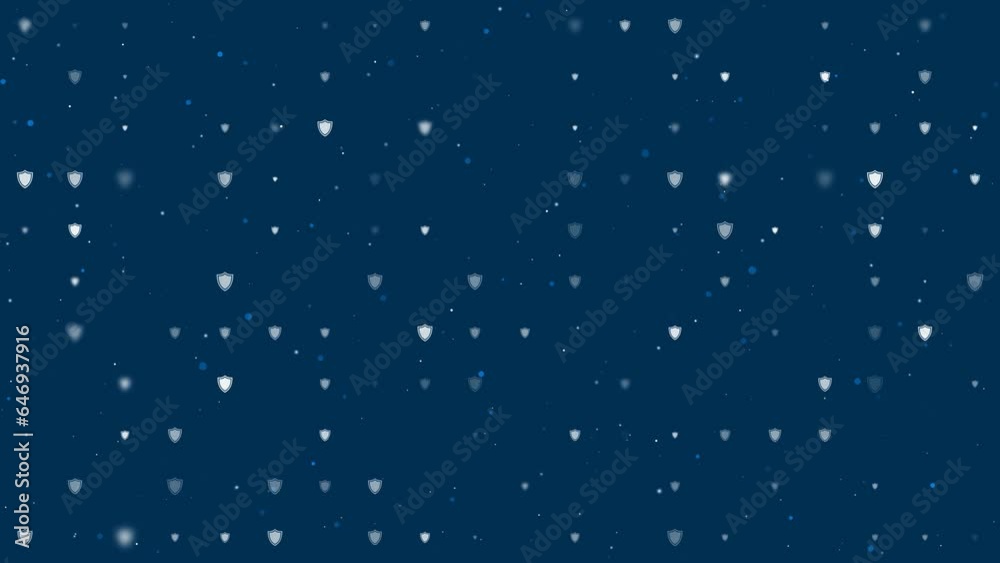 Template animation of evenly spaced shield symbols of different sizes and opacity. Animation of transparency and size. Seamless looped 4k animation on dark blue background with stars