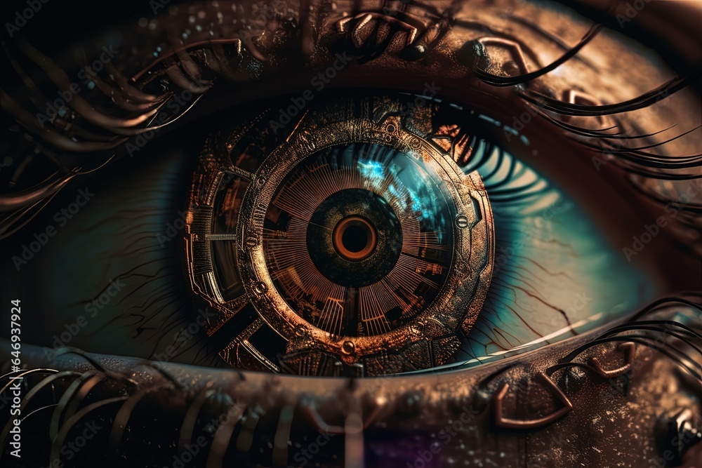 Close-up of a bronze steampunk-style biomechanical iris implanted in an eye. Generative AI.