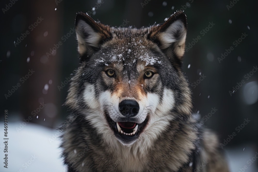 Close up of beautiful gray wolf in winter. 3d AI generation - Canis lupus Close up of beautiful gray wolf in winter. 3d AI generation - Canis lupus