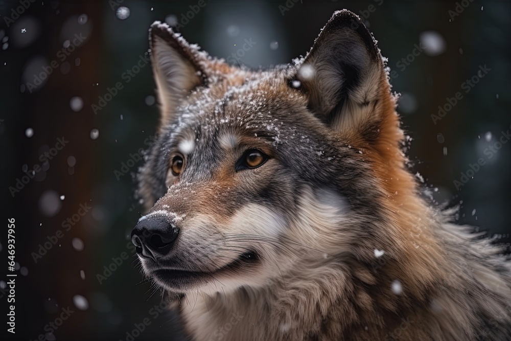 Close up of beautiful gray wolf in winter. 3d AI generation - Canis lupus