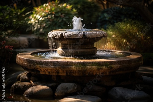 ancient Japanese zen fountain in a typical Japanese botanical garden. 3d AI generation