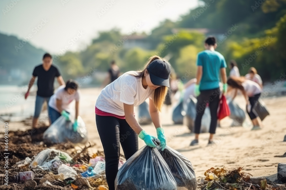 Cleaning the environment. Female volunteer picking un garbage looking at camera at sunset