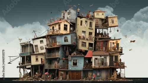Housing crisis metaphore. Ilustration of small island filled with houses falling apart