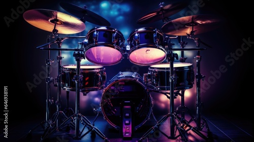 image showing the intricate details of a drum kit  with close-ups of the various drums  cymbals  and hardware  bathed in dramatic stage lighting.