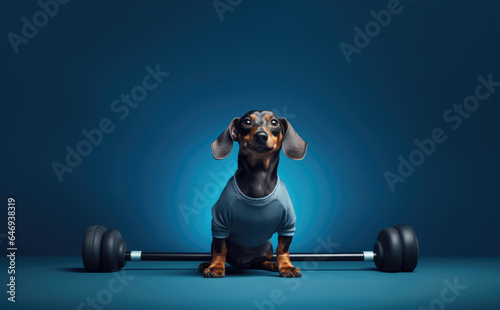 Fitness and gym dog. Dachshund in blue sweatsuit stands by powerlifting barbell over blue background with copy space photo