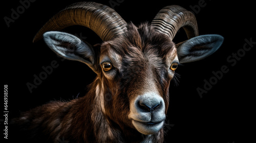 Portrait of a mouflon on black background.