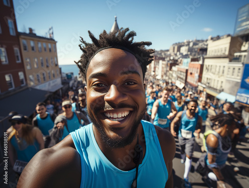 At a running marathon, a black marathon runner takes a selfie while running through the crowd. Black man running a marathon happy to participate with his friends.