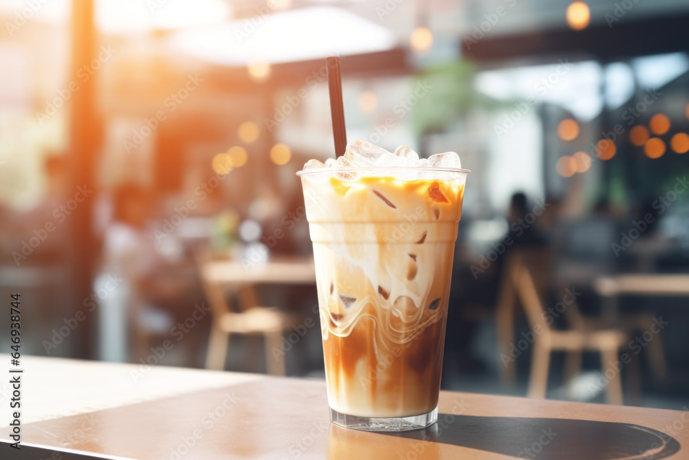 Iced coffee in the tall glass on the table in coffee shop. Iced coffee in the tall glass on the table in coffee shop.