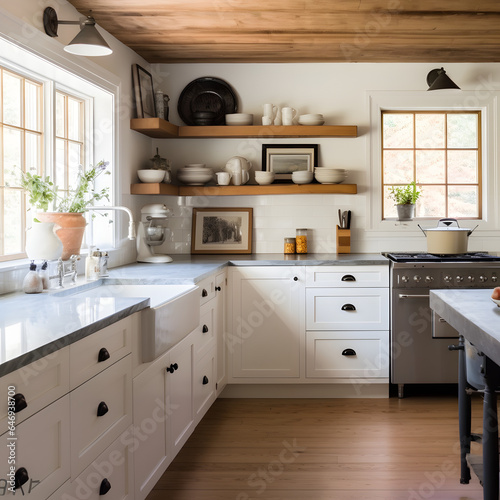 Modern Farmhouse Kitchen: Marrying traditional charm with contemporary elements, this style features white cabinetry, open shelving, and rustic touches. AI Generated © Anton