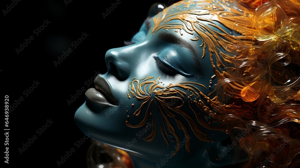 woman face in bronze, blue, gold