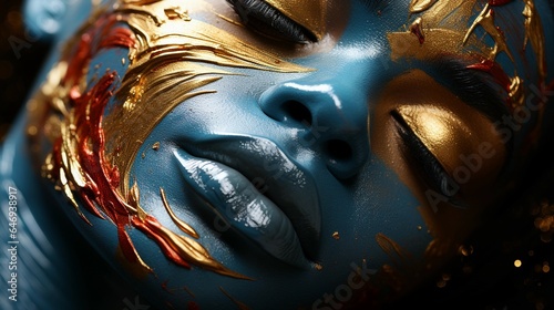 close-up of a golden woman face painted in blue, bronze