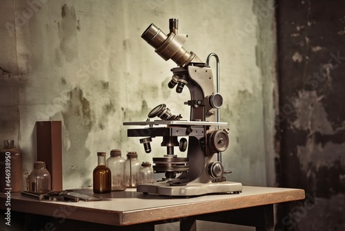 old microscope in laboratory. Generative AI