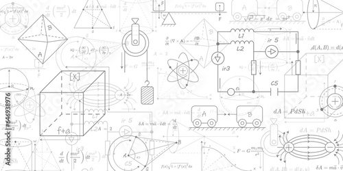 School background in physics and mathematics .Formulas and drawings. Scientific research. Vector , illustration.
