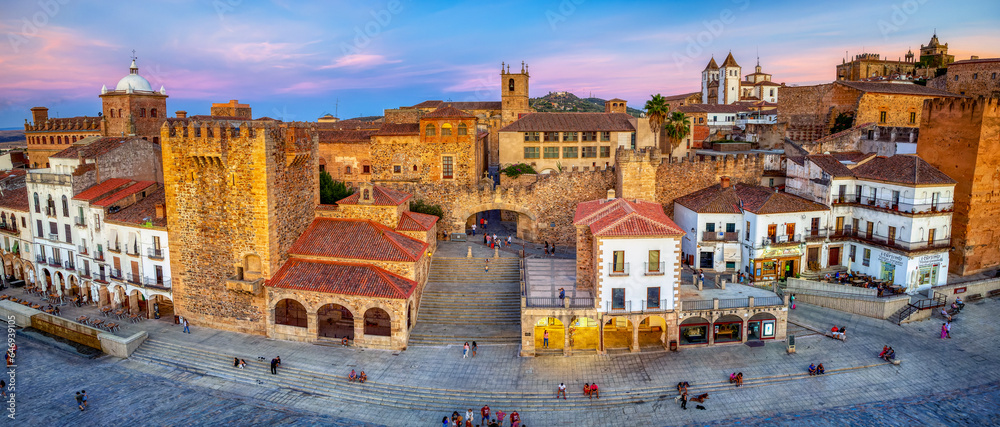 Plaza Mayor of Caceres at sunset, overhead view.