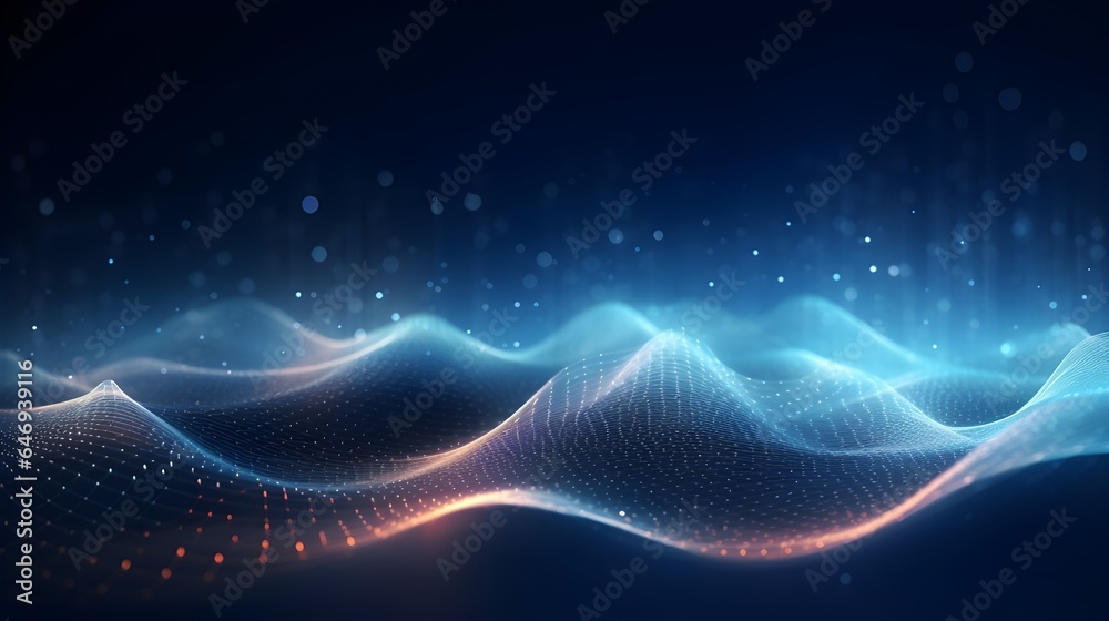 Neon color motion waving dots texture with glowing defocused particles, cyber and technology digital wave background concept. Futuristic tech.Generative AI.